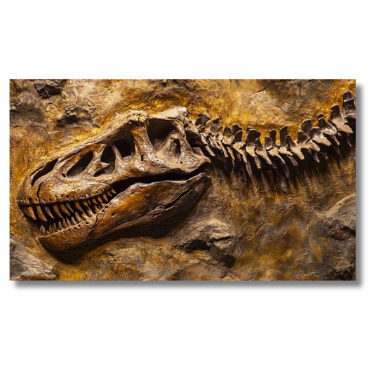 Dinosaurusfossiel met schedel en ruggengraat in steentextuur - Canvas wandkunst