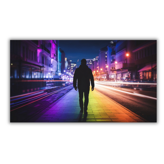 Man loopt 's nachts op een neonkleurige stadsstraat – Canvas wandkunst