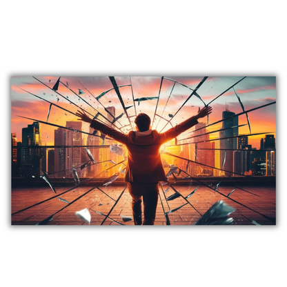 Stadsgezicht met brekend glas en silhouet van zonsondergang – Canvas wandkunst