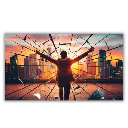 Stadsgezicht met brekend glas en silhouet van zonsondergang – Canvas wandkunst