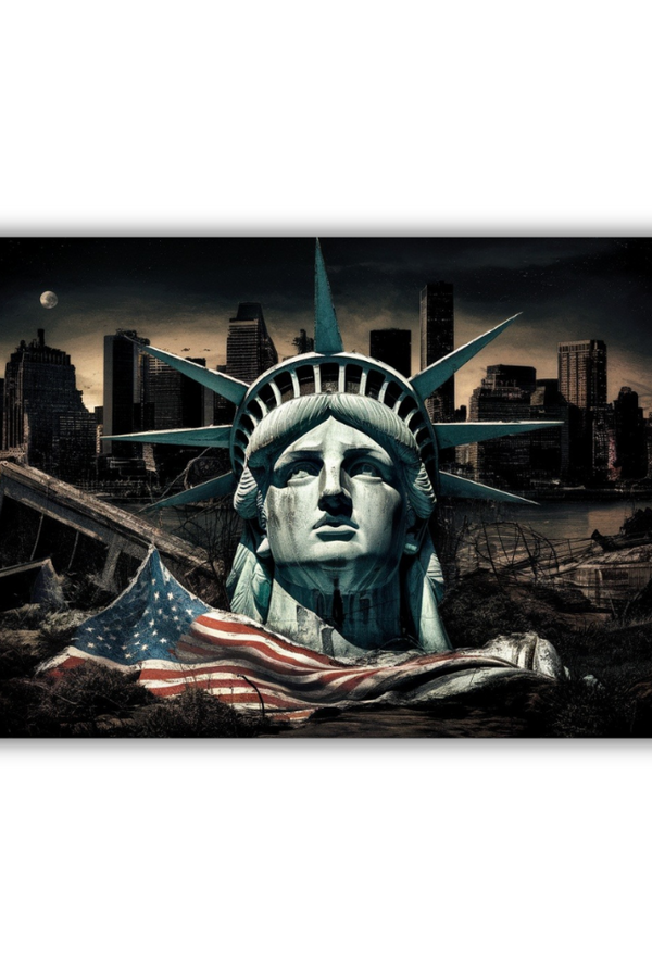 Fallen Statue of Liberty with City Skyline in Background