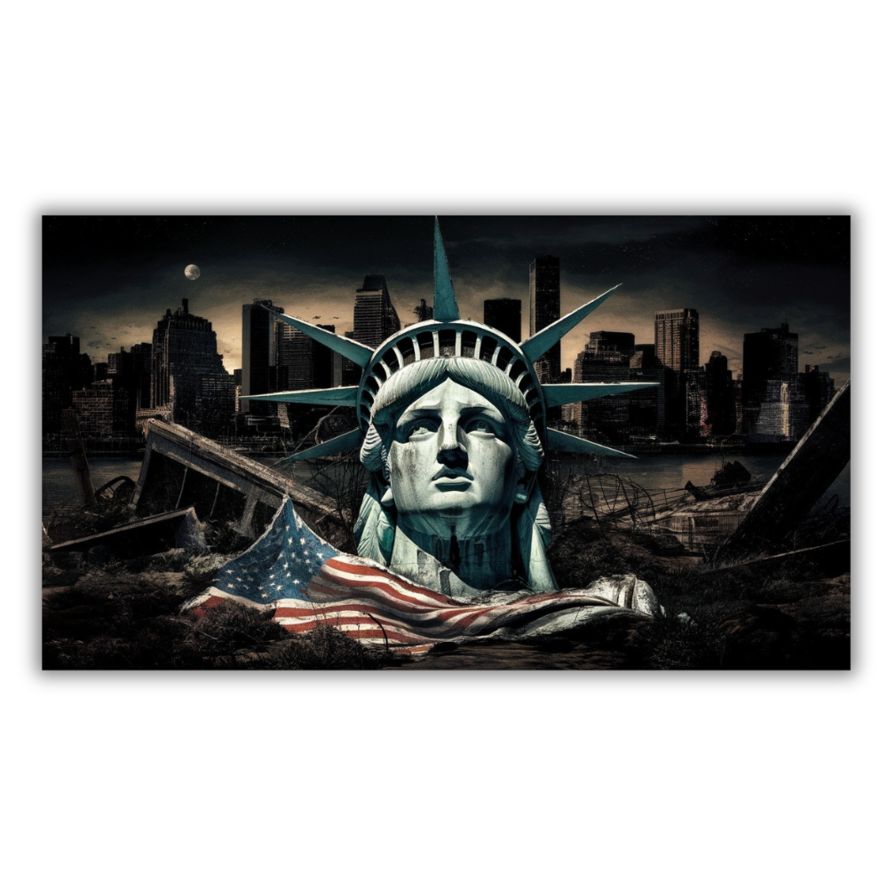 Gevallen Vrijheidsbeeld met skyline van de stad op de achtergrond - Canvas wandkunst