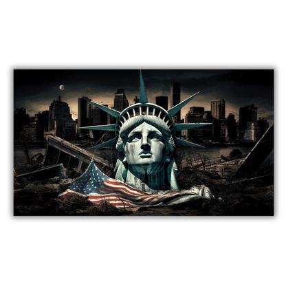 Gevallen Vrijheidsbeeld met skyline van de stad op de achtergrond - Canvas wandkunst