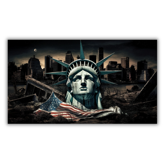 Gevallen Vrijheidsbeeld met skyline van de stad op de achtergrond - Canvas wandkunst