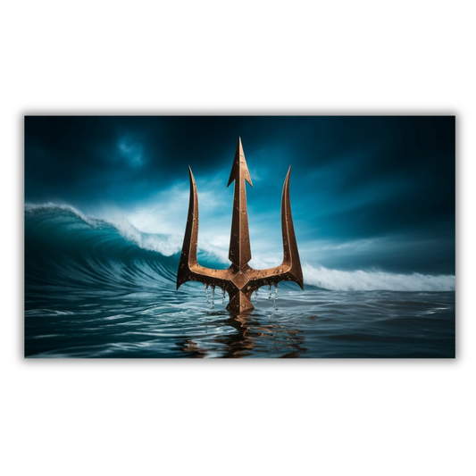 Oceaan drietand die uit het water opduikt met stormachtige lucht - Canvas wandkunst