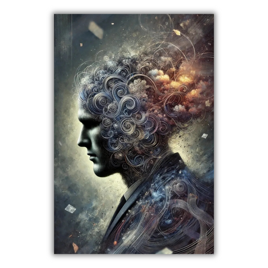 Surrealistisch canvas schilderij van een man opgenomen in een sterrenhemel met paarse tinten