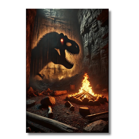 Dinosaurusschaduw met kampvuur in rotsgrot - Canvas wandkunst