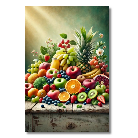 Kleurrijk fruitstilleven met rustieke houten tafel - Canvas wandkunst