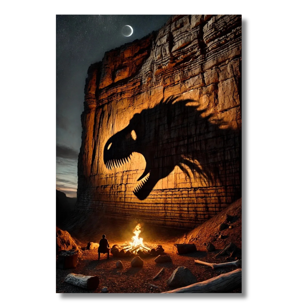 Canyon kampvuur scène met dinosaurus schaduwprojectie - Canvas wandkunst
