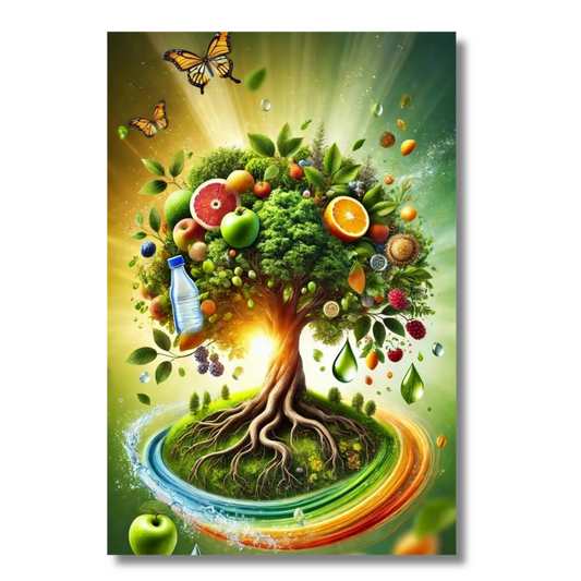 Kleurrijke fruitboom met wortels en vlinders - Canvas wandkunst