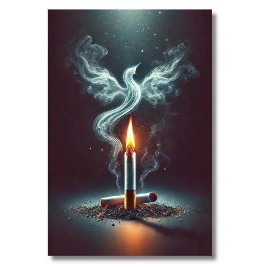 Symbolisch canvas schilderij van een kaarsvlam met een rookvogel in zwart en grijs