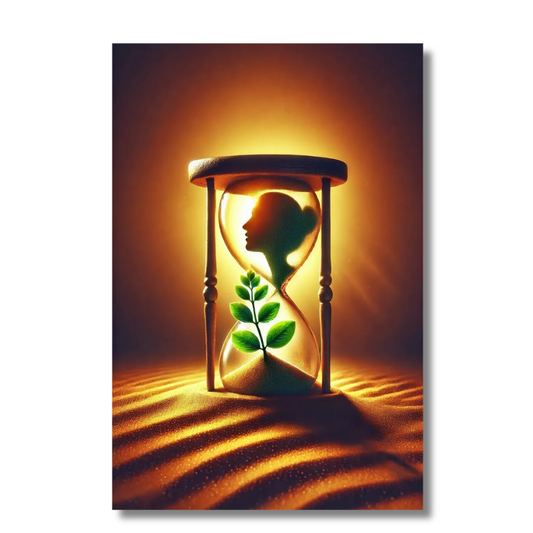 Symbolisch canvas schilderij van een zandloper met een groen blad in goudlicht