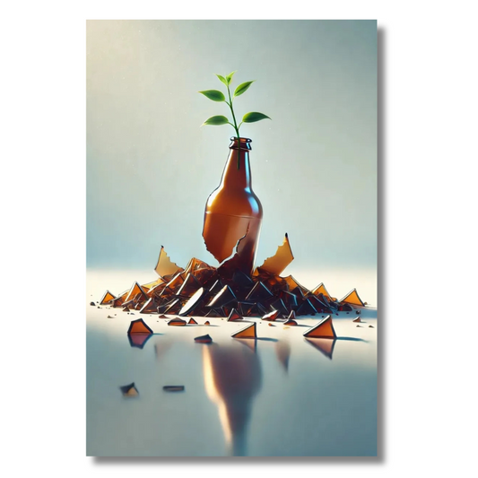 Minimalistisch canvas schilderij van een gebroken fles met een groeiende plant
