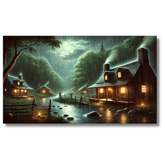Regenwoudhutten met kreek bij nacht - Canvas wandkunst