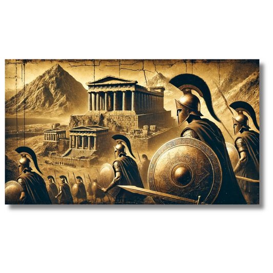 Oude Griekse krijgers met historische tempels op de achtergrond - Canvas wandkunst