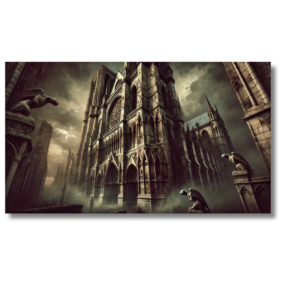 Gotische kathedraal met waterspuwers in stormachtige lucht - Canvas wandkunst