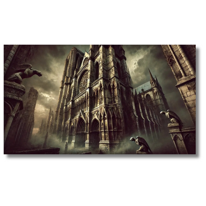 Gotische kathedraal met waterspuwers in stormachtige lucht - Canvas wandkunst