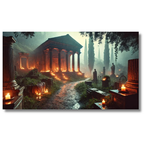 Ancient Temple Pathway with Candlelight and Cypress Trees