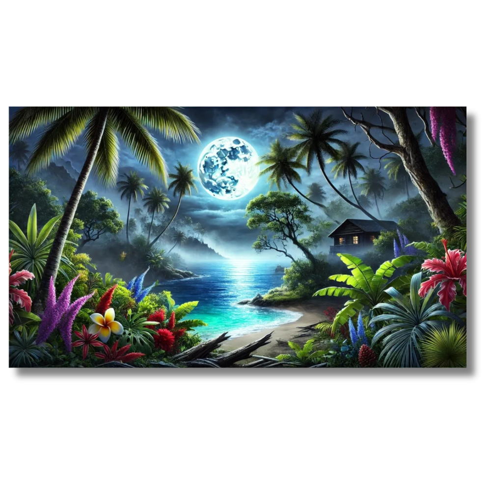 Tropisch strand bij nacht met maanverlichte oceaan en palmbomen - Canvas Wall Art