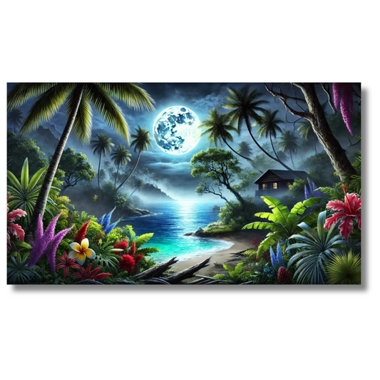 Tropisch strand bij nacht met maanverlichte oceaan en palmbomen - Canvas Wall Art