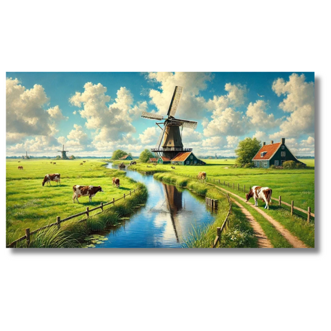 Dutch Windmill Landscape with Green Fields and Blue Sky