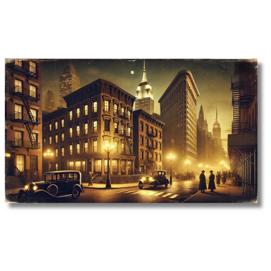 Vintage stadsstraatbeeld met klassieke auto's en nachtlampjes - Canvas wandkunst