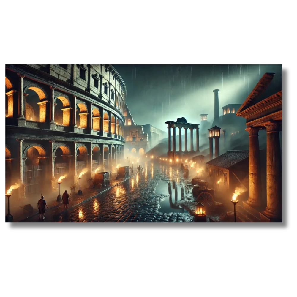 Oude Romeinse straatscène met het Colosseum en ruïnes bij nacht - Canvas wandkunst