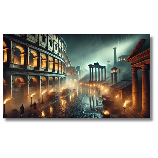 Oude Romeinse straatscène met het Colosseum en ruïnes bij nacht - Canvas wandkunst