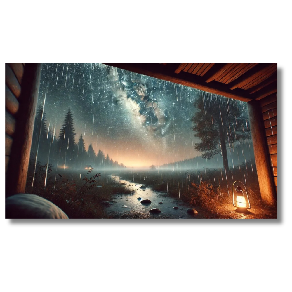 Landschap van een regenbos gezien vanaf de veranda van een hut - Canvas wandkunst