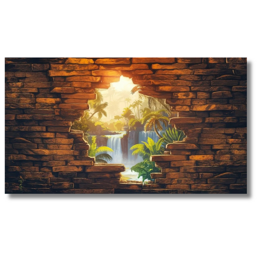 Tropisch junglezicht door stenen muuropening - Canvas wandkunst