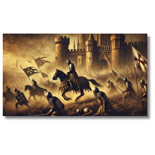 Middeleeuwse ridders vallen een fort aan in sepia. Slagscène – Canvas wanddecoratie