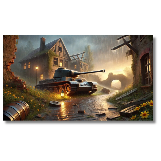 Historische militaire tank in regenachtig dorpslandschap bij zonsondergang - Canvas wandkunst