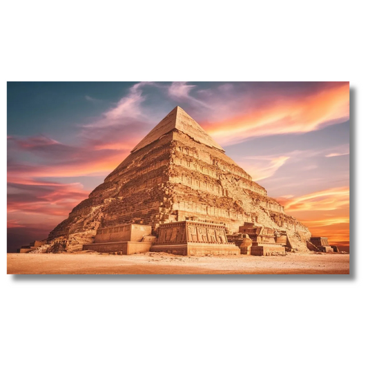 Trappiramide van Djoser in zonsonderganghemel met oud-Egyptisch ontwerp - Canvas wandkunst