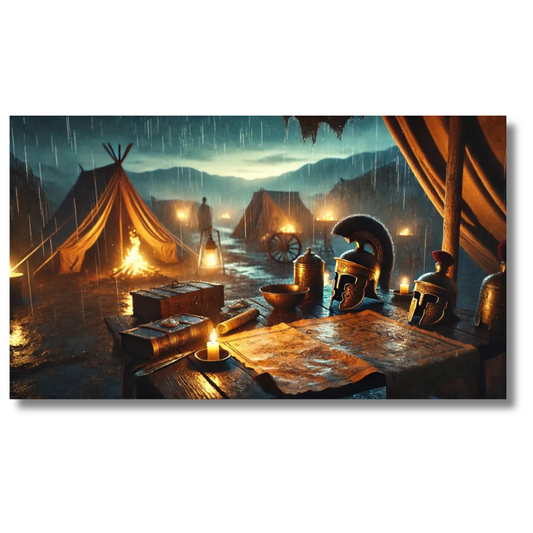 Oud Romeins militair kamp met tenten en harnassen in regenachtig landschap - Canvas wandkunst