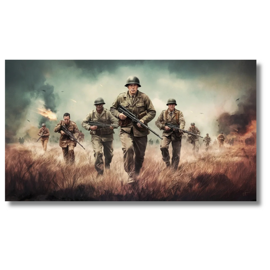 Infanterieaanval in open veld tijdens WO II – Canvas wanddecoratie