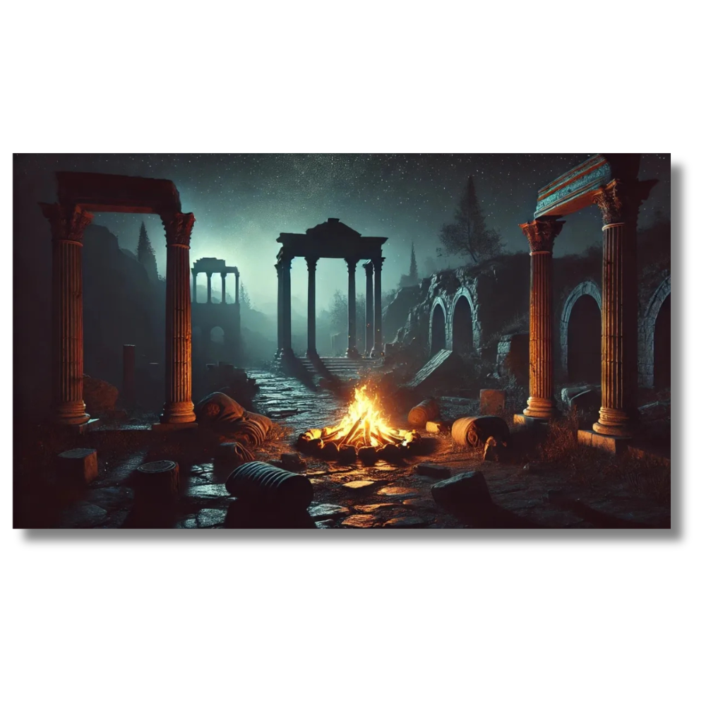 Oude Romeinse ruïnes met kampvuur in nachtscène - Canvas wandkunst