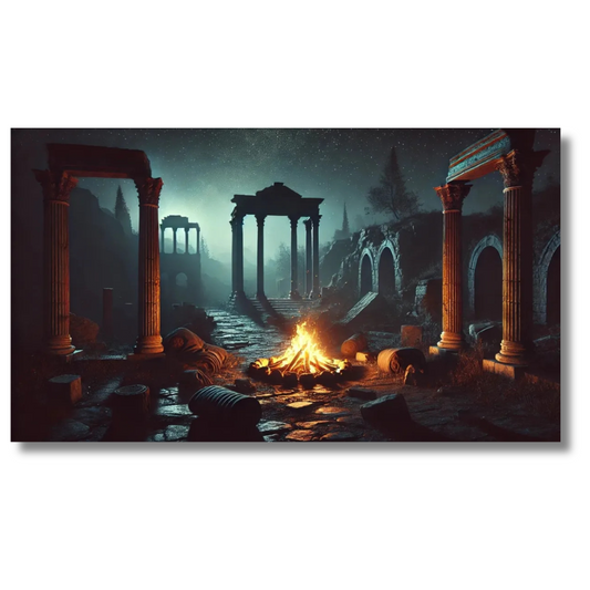 Oude Romeinse ruïnes met kampvuur in nachtscène - Canvas wandkunst