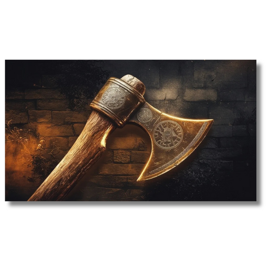Decoratieve Vikingbijl op rustieke achtergrond - Canvas wandkunst