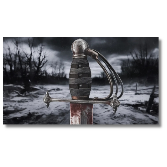 Canvaskunst met historisch zwaardgevest in winterlandschap