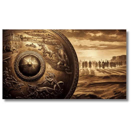 Decoratief schild met antieke strijdscène in sepiatinten canvas wanddecoratie