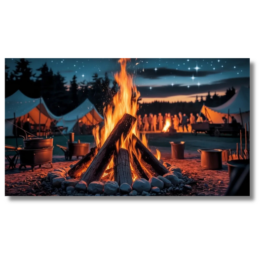 Kampvuurscène met tenten en nachtelijke hemel canvas wandkunst