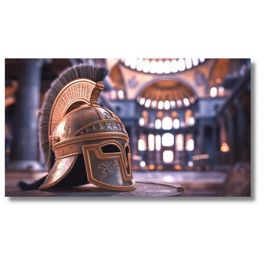 Gouden helm tentoongesteld in een zonnige binnenomgeving - Canvas wandkunst
