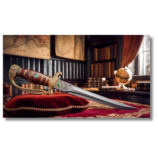 Decoratieve dolk op fluwelen kussen in antieke studeerkamer - Canvas wandkunst