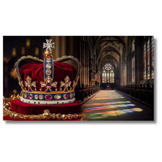 Koninklijke kroon in historische kathedraal met glas-in-loodlicht - Canvas wandkunst