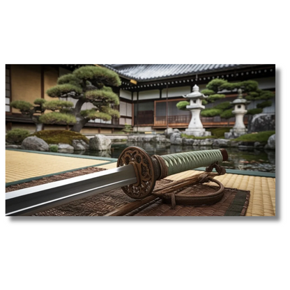 Japanse tuin met katana op tatami - Canvas wandkunst