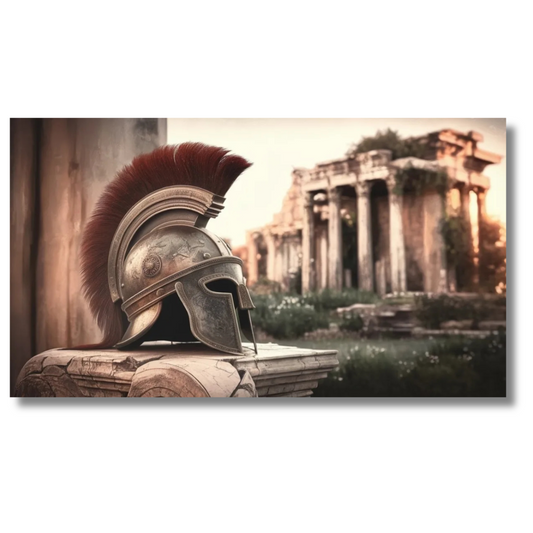 Romeinse helm met oude ruïnes in zacht zonsonderganglicht - Canvas wanddecoratie