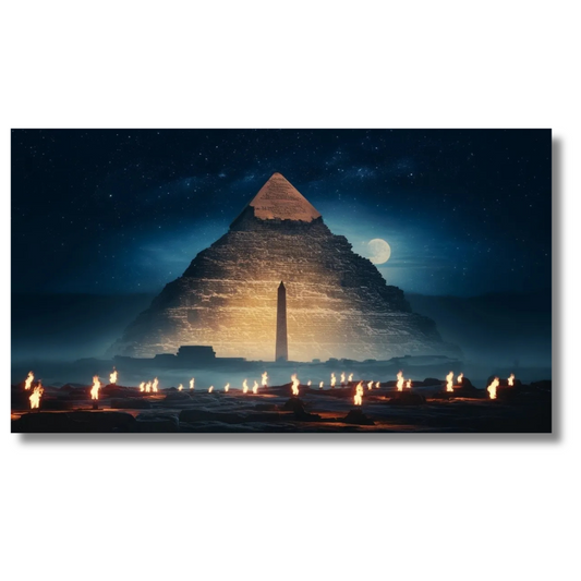 Piramide bij nacht met fakkelopdruk op canvas als wanddecoratie