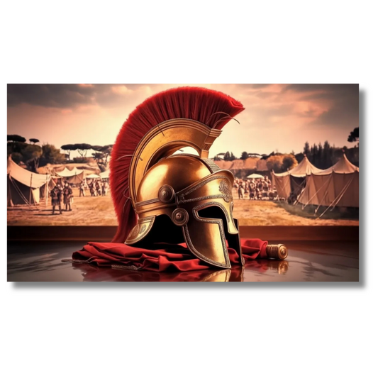 Romeinse helm tentoongesteld met kampachtergrond - Canvas wandkunst