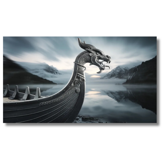 Drakenkop Vikingschip op kalme fjord – Canvas wandkunst