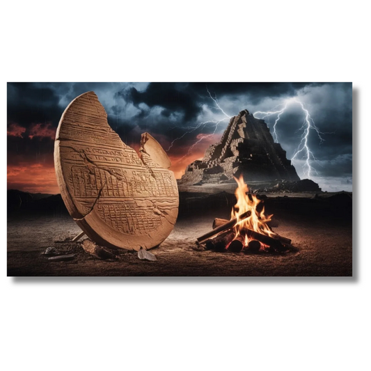 Oude stenen plaat met kampvuur en bergachtergrond - Canvas wandkunst